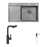 Комплект кухонна мийка Kroner Schwarze-7849RHM PVD + змішувач Edelstahl Klassisch-SCH03918 + дозатор Spender-026