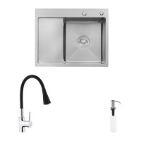 Комплект кухонна мийка Kroner Gebürstet-6350RHM + змішувач Küche-C031BLK + дозатор Spender-ECG049