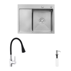 Комплект кухонна мийка Kroner Gebürstet-6350RHM + змішувач Küche-C031BLK + дозатор Spender-ECG049