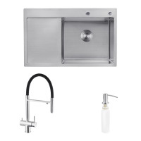 Комплект кухонна мийка Kroner Gebürstet-7849RHM + змішувач Edelstahl Klassisch-ESG03815BLK+ дозатор Spender-016