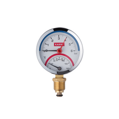 Термоманометр Karro 1/2"х1/4" вертикальний 80 мм KR-1086 Термоманометр Karro 1/2"х1/4" вертикальний 80 мм KR-1086