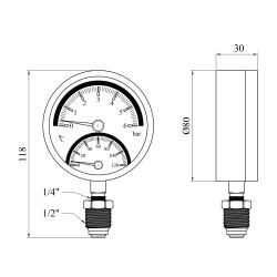 Термоманометр Karro 1/2"х1/4" вертикальний 80 мм KR-1086