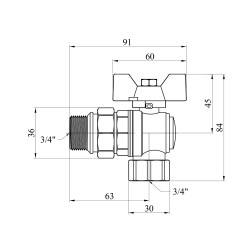 Кран-американка кульовий кутовий Kroner 3/4" ВЗ PN40 метелик, нікельований