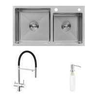 Комплект кухонна мийка Kroner Gebürstet-7843ZHM + змішувач Edelstahl Klassisch-ESG03815BLK + дозатор Spender-016