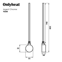 Тен для рушникосушки Onlyheat Argent Chrome 0,9 кВт 1/2" з трійником 76 см (1/24шт)